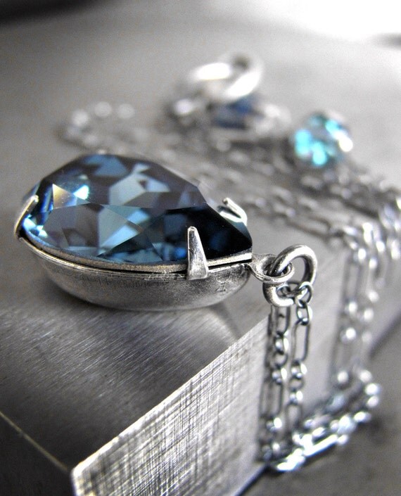 Blue Crystal Teardrop Necklace with Oxidized Sterling Silver