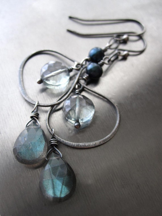 Labradorite Gemstone Earrings Seafoam Green Quartz Earrings