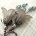 Romantic Taupe Smoky Gray Flower Blossom Earrings with Aqua
