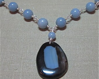 Brown and Blue Agate and Blue Angelite Necklace - N107