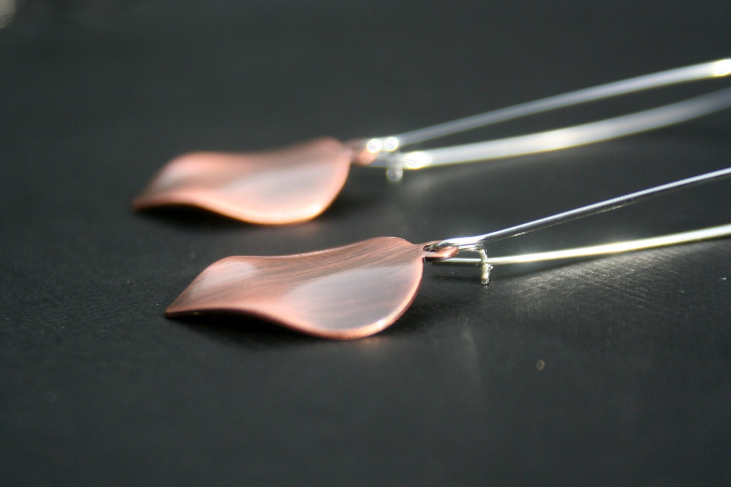 Copper and Silver Earrings Long Antiqued Leaf