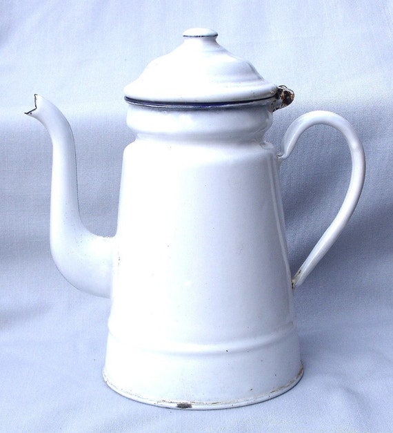 Vintage White Enamel Coffee Pot Tea Pot