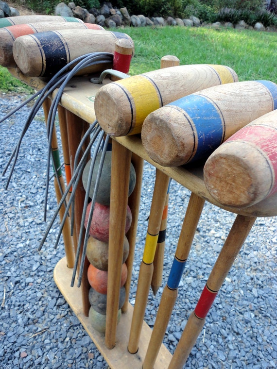 Vintage Croquet Set with Stand 1940s Outdoor Game by JunkyardGypsy