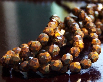 Goldenrod Picasso Czech Glass Bead 4mm Round - 50