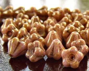 Czech Glass Baby Bell Flower 4x6mm Opaque Rose Gold Topaz Luster : 30 pc