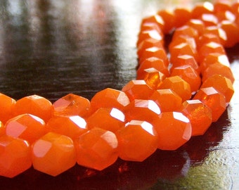 Opal Orange Czech Glass Bead 6mm Firepolish Faceted Round Bead : 25 pc Strand