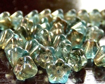 Aquamarine Celsian Czech Glass Bead 4x6mm Baby Bell Flower : 30 pc