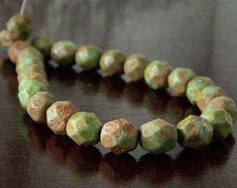 Turquoise Stone Picasso Czech Glass Bead 6mm Firepolish Faceted Round Bead : 25 pc Strand
