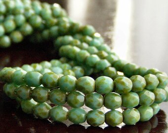 Turquoise Picasso Czech Glass Bead 4mm Faceted Round - 50