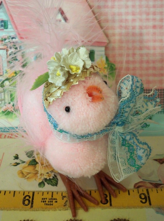Vintage Style / Pink Pom Poms Chick / Made with Old Stock