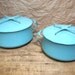 Reserved for Posiesforlulu Raina Scott Set of 2 Retro Vintage Dansk Danish Modern Enamel Pots Turquoise Blue mid century