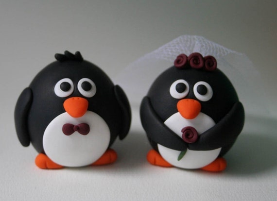 Custom Round Penguin  Wedding  Cake  Topper 