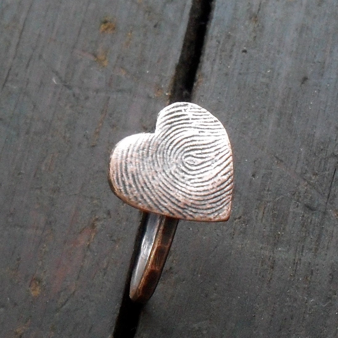 Custom Fingerprint Heart Ring in Rustic Copper