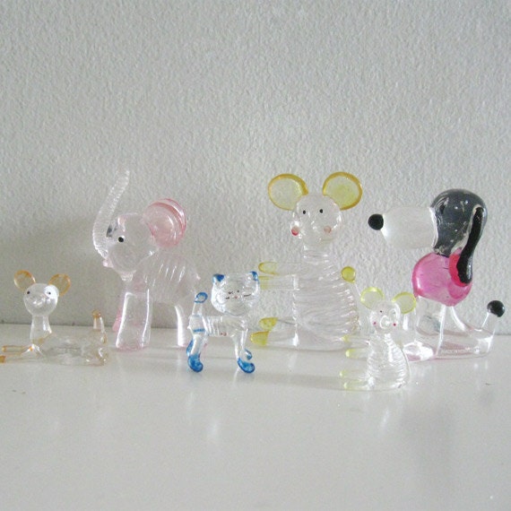 6 Vintage Animal Figurines Menagerie Clear Lucite Hard Plastic