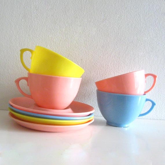 Vintage Cups and Saucers Pastel Plastic Irwin Childs Tea Set