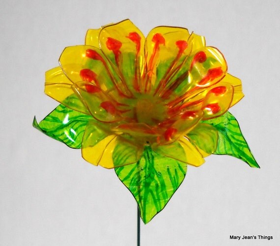 Upcycled Yellow and Orange Fun Flower Made of Plastic Water