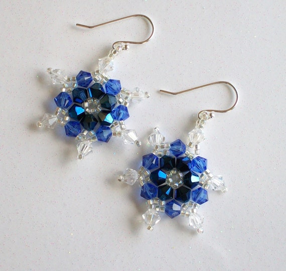 Deep Blue Swarovski Crystal Snowflake Earrings hand stitched