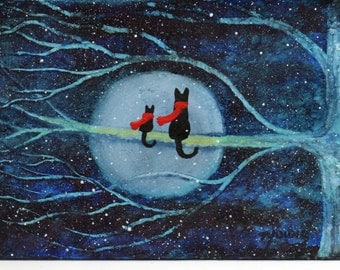 Black cat Kitten Folk Art PRINT Todd Young painting FIRST SNOW