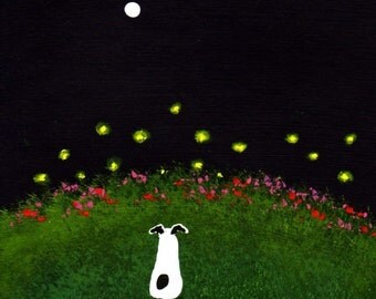 Rat Terrier Dog FIREFLY NIGHT folk art print by Todd Young painting