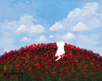 Maltese Dog FIELD OF POPPIES Bichon Frise Folk art print by Todd Young painting