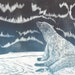 Polar Bear and Aurora Linocut - Handprinted Arctic Scene with Northern Lights and Polar Bear Print