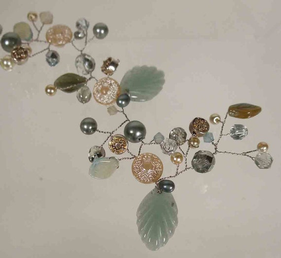 CHAMPAGNE JADE Silver Beaded Hair Vine with Teal by ChicAllure