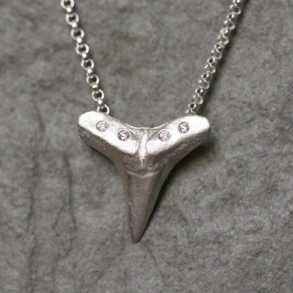 Large Shark Tooth Necklace in Sterling Silver with Diamonds