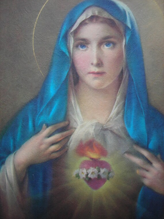 Vintage Religious Art Sacred Heart of Mary Virgin Mary Art