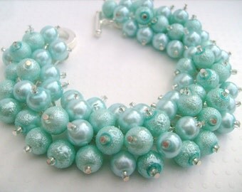 Set of 10 Mint Green Pearl Beaded Bracelet, Cluster Bracelet, Chunky Bracelet, Bridesmaid Gift - Handmade Designs By Kim Smith