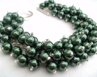 Bridesmaid Jewelry, Forest Green Pearl Beaded Bracelet, Cluster Bracelet, Pearl Bracelet, Bridesmaid Gift - Handmade Jewelry By Kim Smith