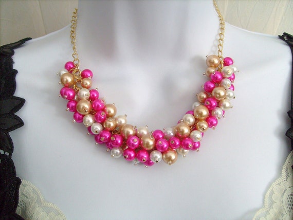 Pearl Beaded Necklace Hot Pink Bridesmaid Jewelry Cluster