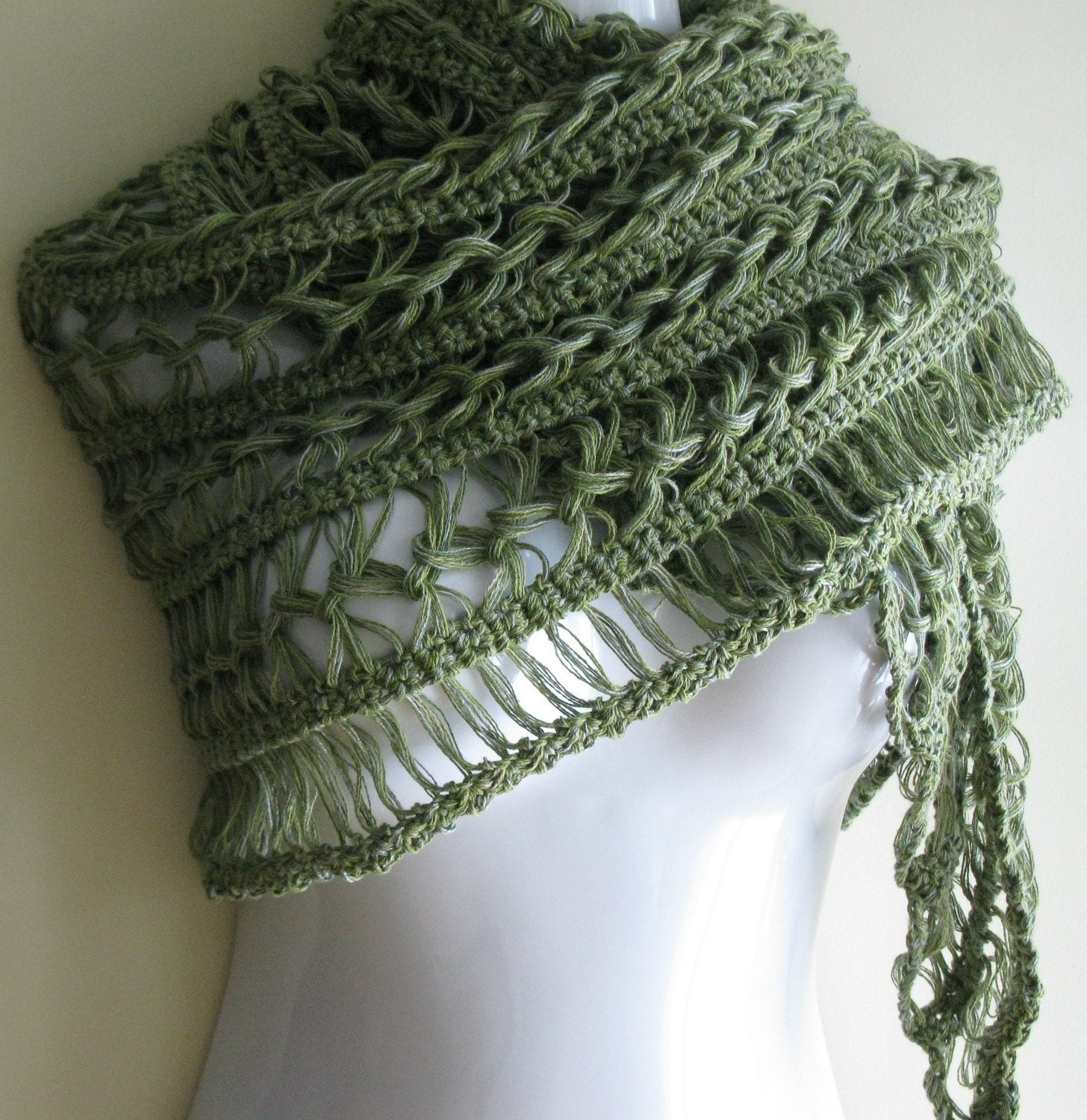 Olive Green crochet Hairpin Lace Shawl