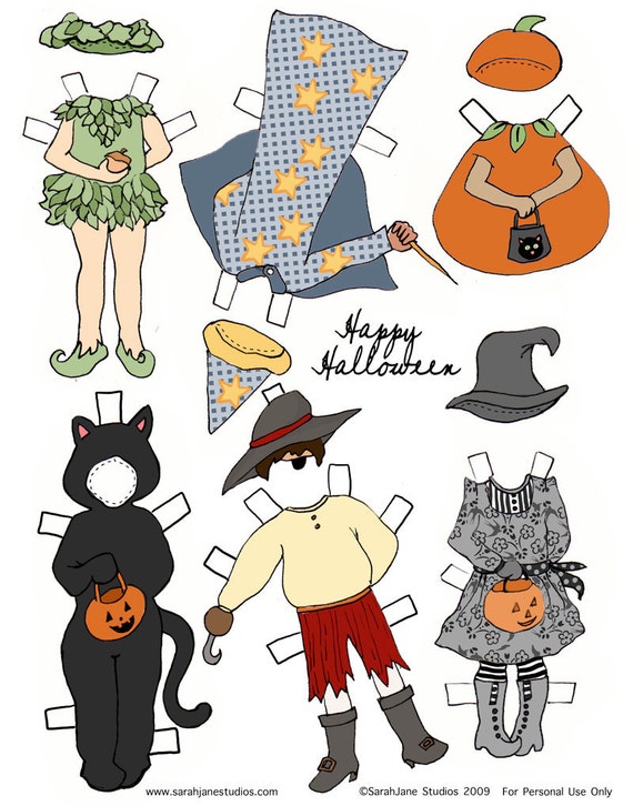 Paper Dolls PDF Printable Halloween 6 dolls and outfits