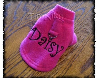 FUCHSIA or ANY COLOR Monogrammed Dog Coat w/D-Ring (xxxs-xxs-xs-s-m-l)