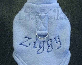 LIGHT BLUE Personalized/Monogrammed Fleece Dog Coat w/D-Ring (xxxs-xxs-xs-s-m-l) Color Choices
