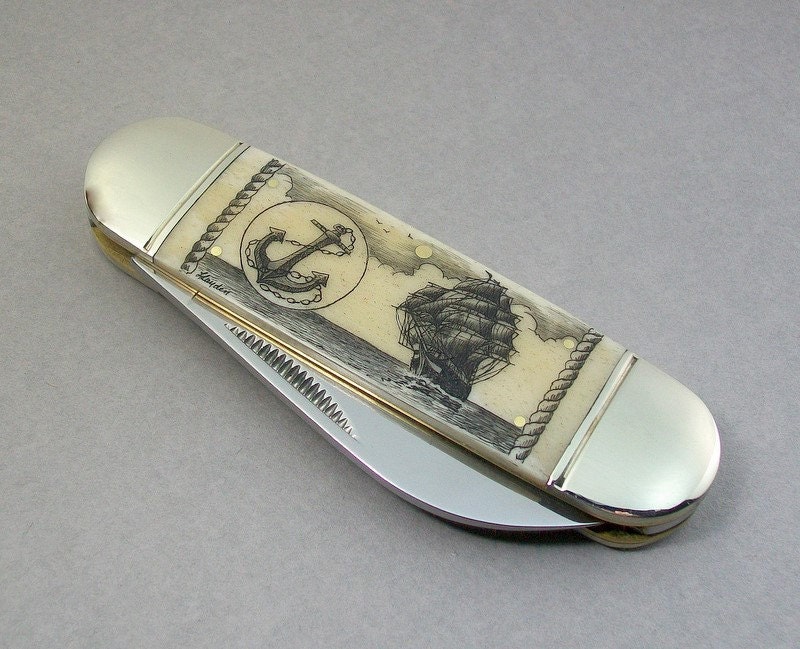 Scrimshaw Nautical Pocket Knife with Clipper Ship Anchor and