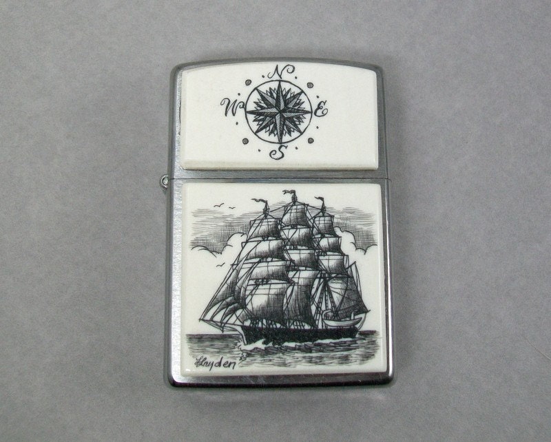 Zippo Scrimshaw Pipe Lighter Sailing Ship and Compass Rose