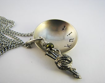 Necklace for Knitters - Stamped Nickel Silver with Pewter Charm
