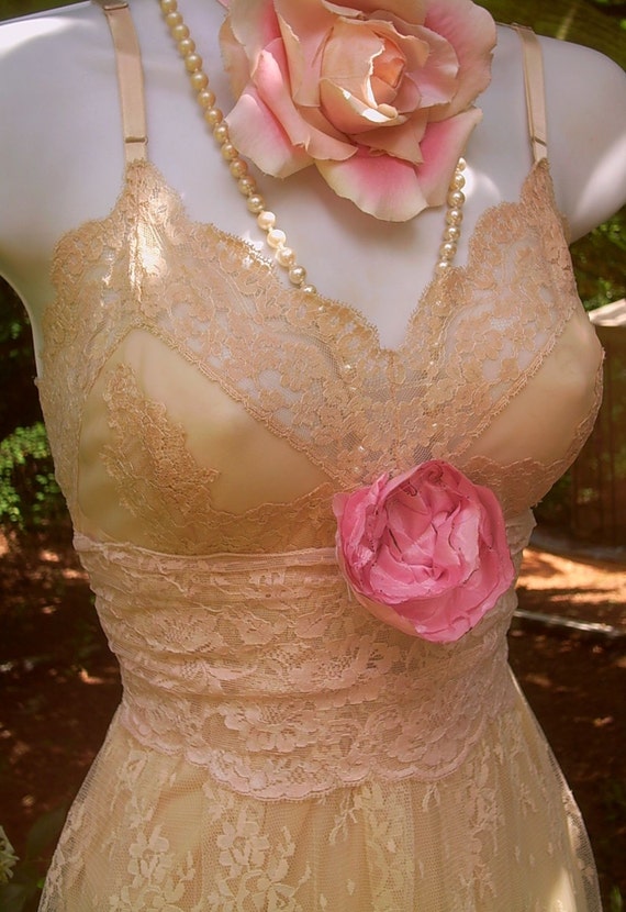 Beige ecru nude lace slip dress romantic rose