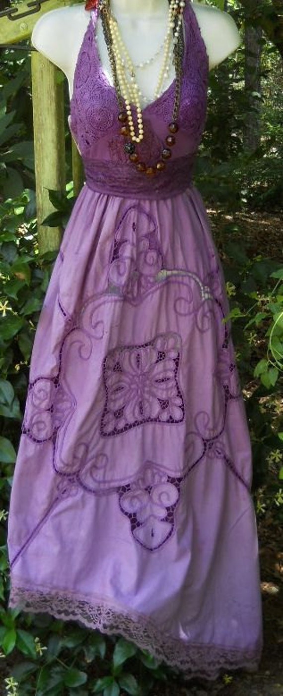 Purple cotton crochet cutwork halter maxi dress lace boho