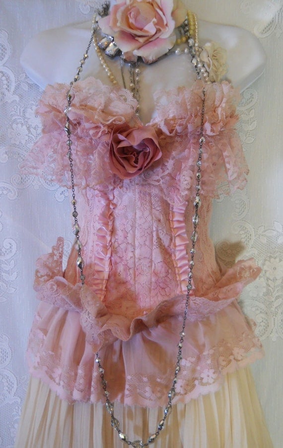 Items similar to Ruffled pink bustier lace crochet rose corset ...