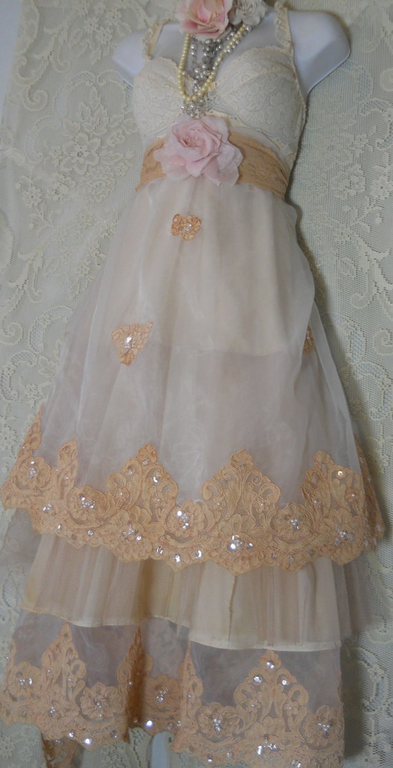 Tulle prom dress baby doll cream embroidered beaded