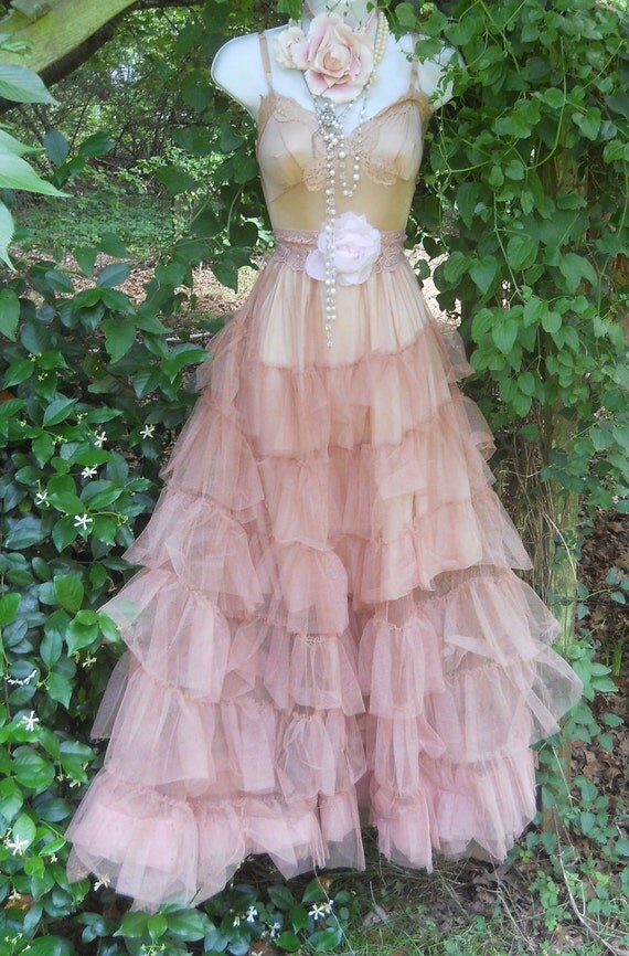 Ruffle tulle dress tea stained wedding crinoline vintage