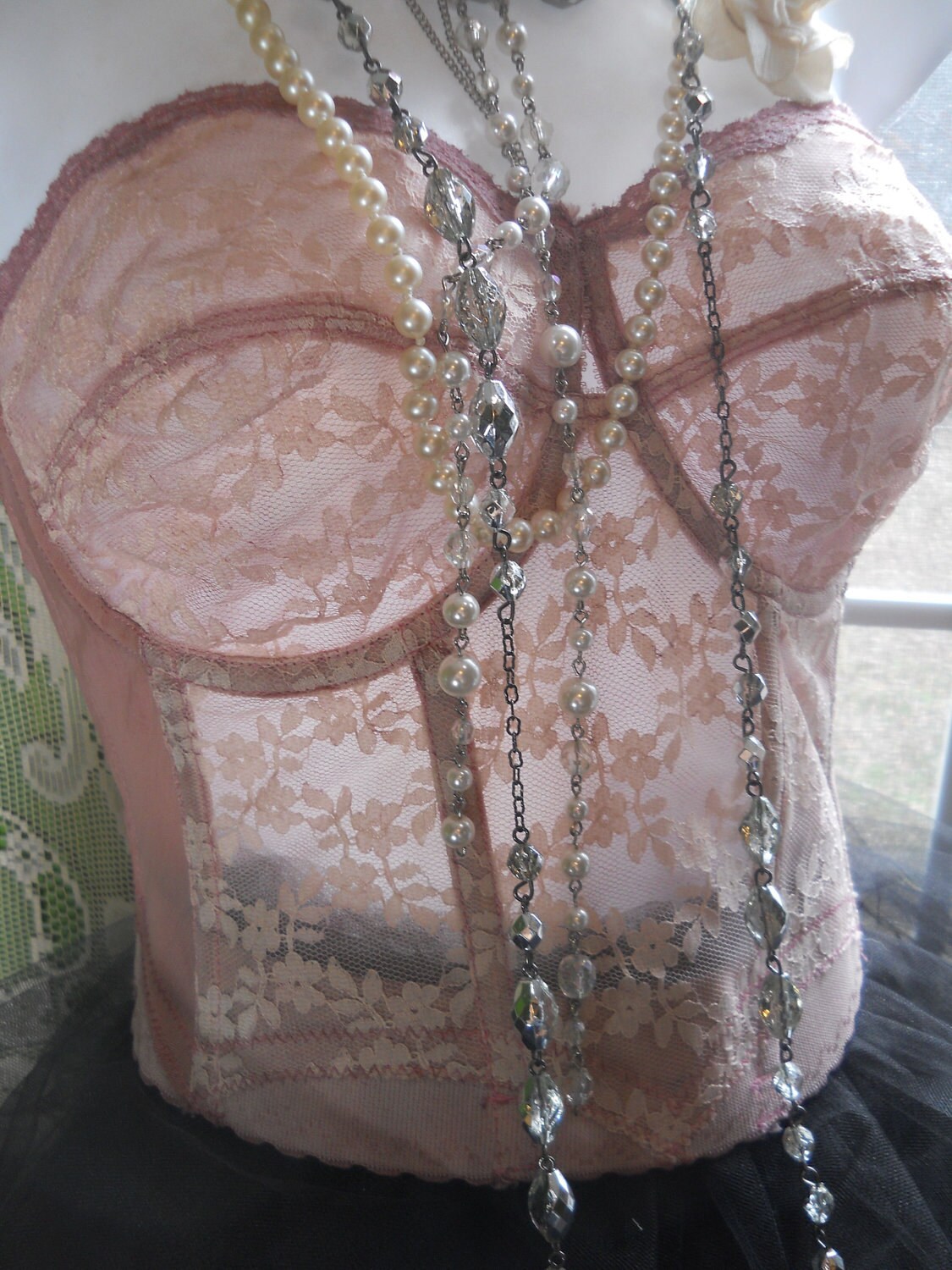 Pink lace bustier vintage boned lace 38C from vintage