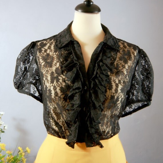 BLACK LACE STEAMPUNK blouse with JABOT collar size Medium