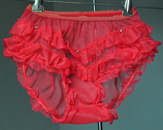 Vintage 50s Red Hot Ruffled Sheer Panties With Rhinestones 4656