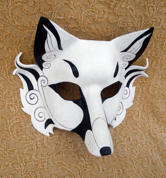 White Japanese Fox Mask... Inari ...handmade leather fox mask