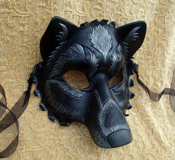 Black and Silver Wolf... Original Handmade Leather Wolf Mask