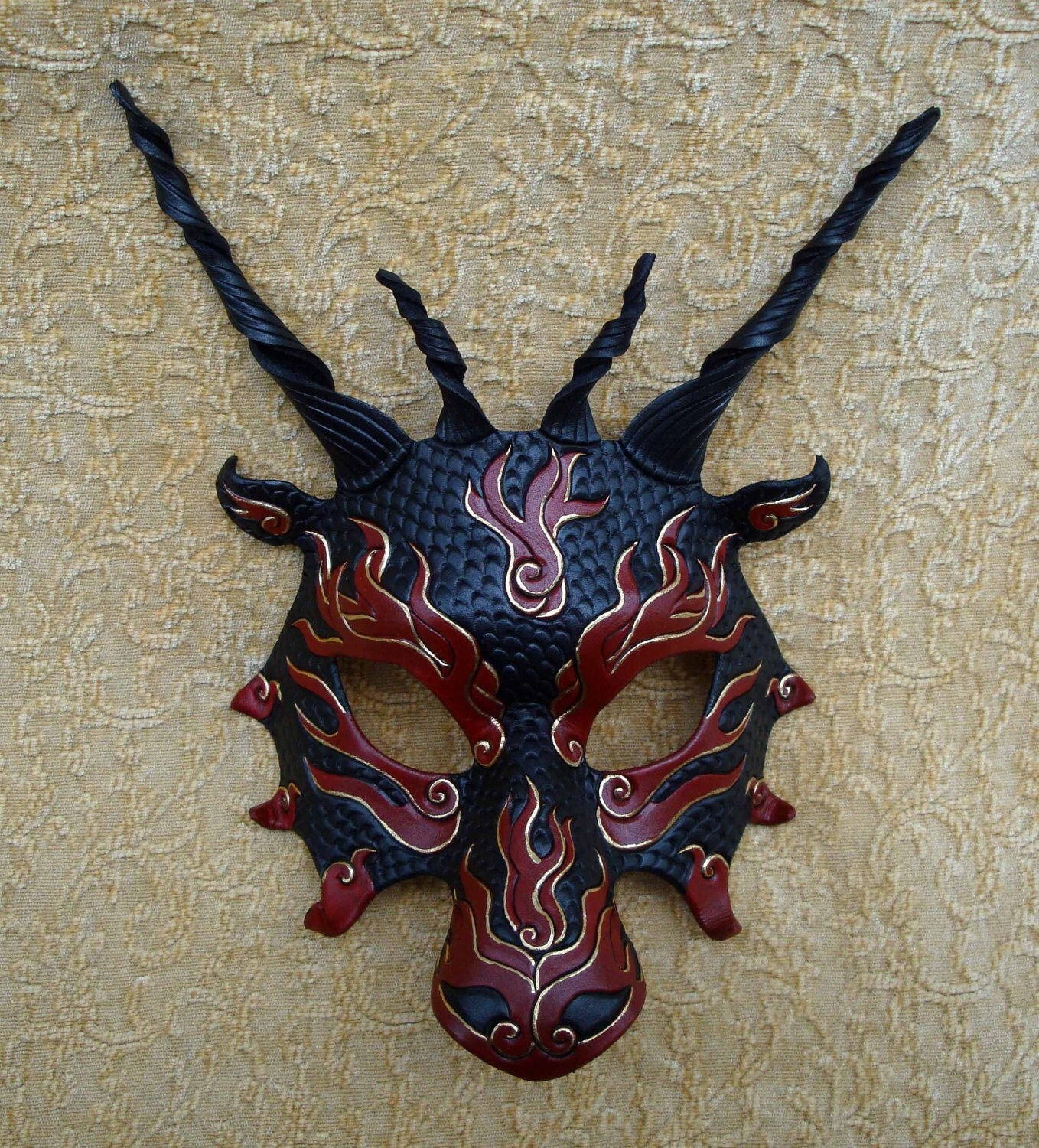 Burgundy Asian Flame Dragon Mask ...original handmade leather