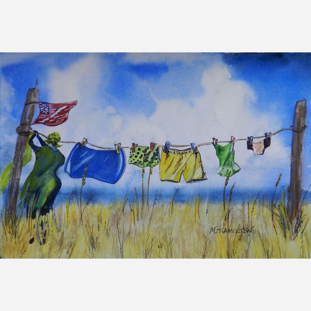 Laundry Art Watercolor Original Clothesline Painting